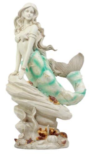 Ebros Ocean Ariel Mermaid Sitting On Sea Rock Figurine 11.5"H Aquamarine Goddess