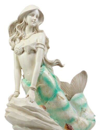 Ebros Ocean Ariel Mermaid Sitting On Sea Rock Figurine 11.5"H Aquamarine Goddess