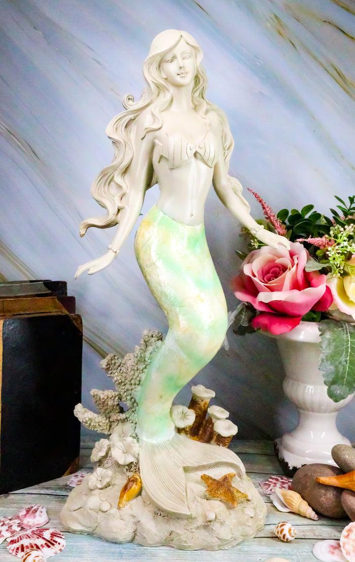 Ebros Ocean Turquoise Mermaid Sitting On Starfish Coral Bed Rock Figurine 18"H