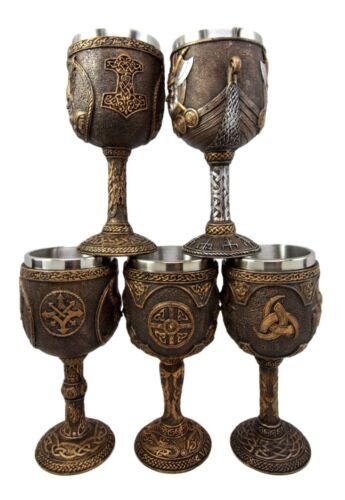 Ebros Odin Loki Thor Valkyrie Battle Longship Resin Wine Goblet Chalice Set Of 5