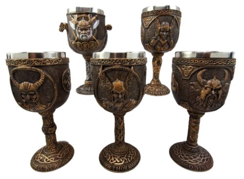 Ebros Odin Loki Thor Valkyrie Battle Longship Resin Wine Goblet Chalice Set Of 5