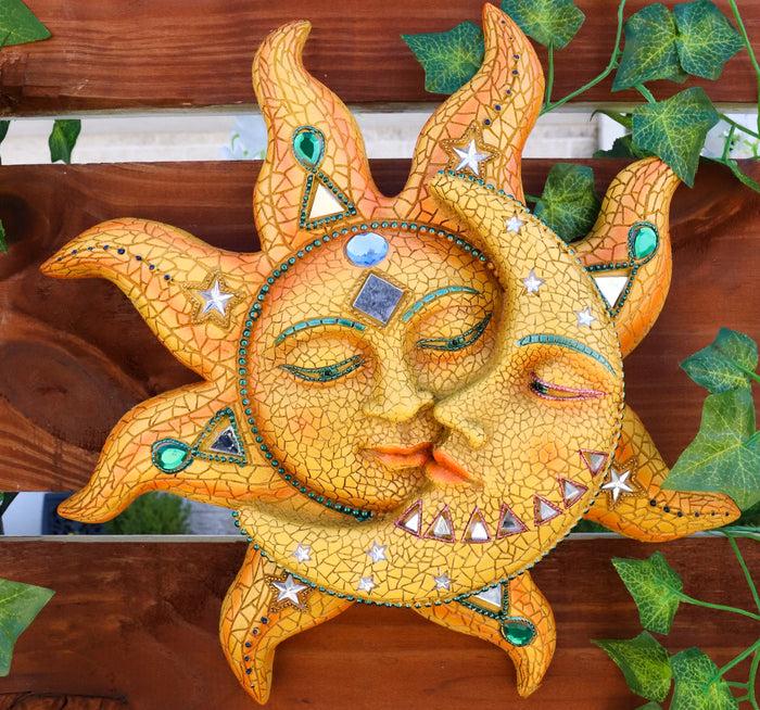 Ebros Orange Mosaic Face Sun With Yellow Mosaic Moon 13"H Wall Plaque Decor