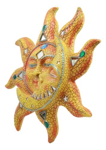 Ebros Orange Mosaic Face Sun With Yellow Mosaic Moon 13"H Wall Plaque Decor