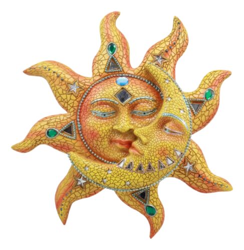 Ebros Orange Mosaic Face Sun With Yellow Mosaic Moon 13"H Wall Plaque Decor