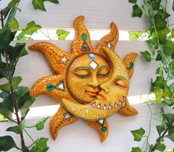 Ebros Orange Mosaic Face Sun with Yellow Mosaic Moon 13"H Wall Plaque Decor