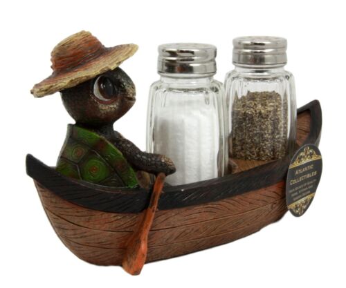 Ebros Outdoor River Camper Turtle Rowing Boat Salt Pepper Shakers Holder 7"L