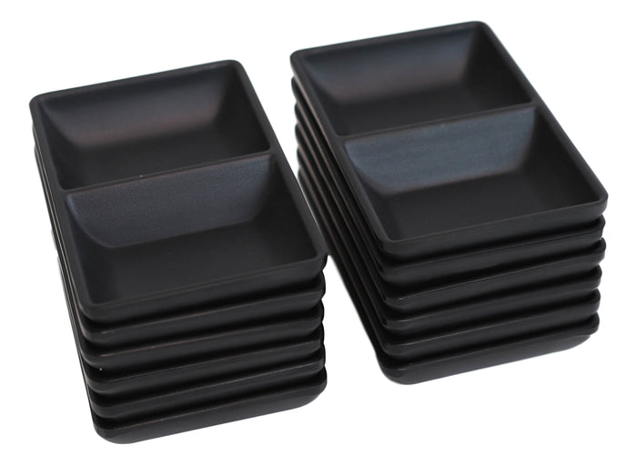 Ebros Pack Of 12 Contemporary Matte Black Jade Melamine Condiments Dipping Bowl Or Dish With Divider 2 Partition Compartments