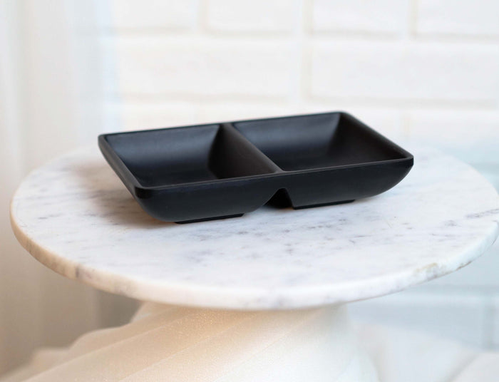 Ebros Pack Of 12 Contemporary Matte Black Jade Melamine Condiments Dipping Bowl Or Dish With Divider 2 Partition Compartments