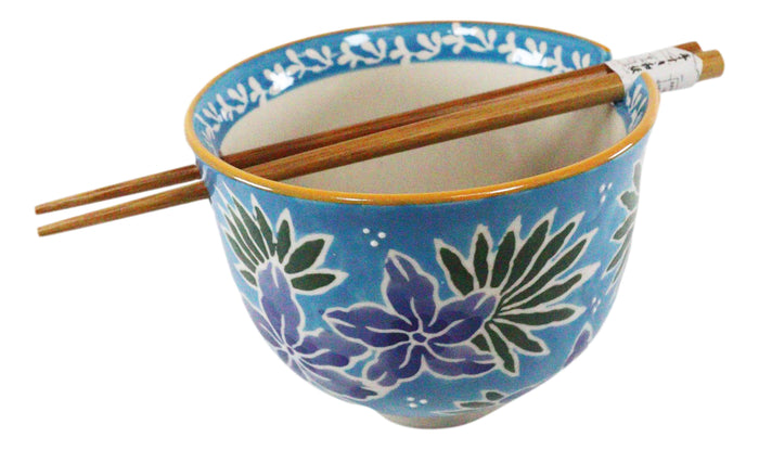 Ebros Pack Of 2 Blue Spring Flowers Ramen Noodles Soup Bowl With Bamboo Chopsticks Set
