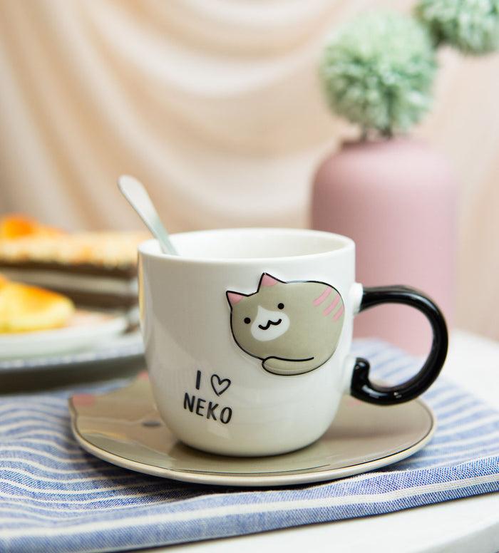 Ebros Pack Of 2 Brown Pink Ears Maneki Neko Cat Mugs 8oz With Saucer And Notched Spoon