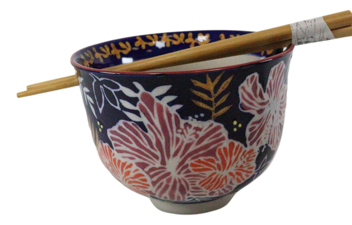 Ebros Pack Of 2 Leaves And Flowers Ramen Noodles Soup Bowl With Bamboo Chopsticks Set