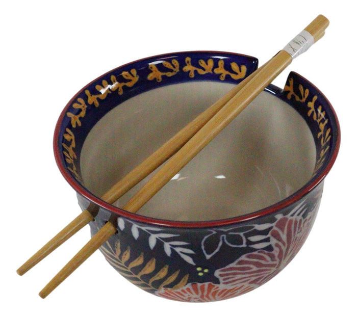 Ebros Pack Of 2 Leaves And Flowers Ramen Noodles Soup Bowl With Bamboo Chopsticks Set