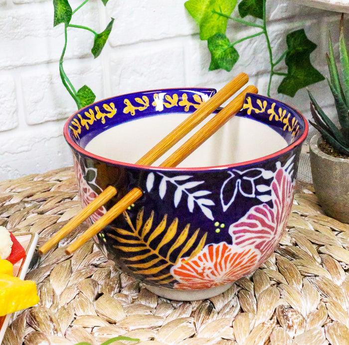 Ebros Pack Of 2 Leaves And Flowers Ramen Noodles Soup Bowl With Bamboo Chopsticks Set