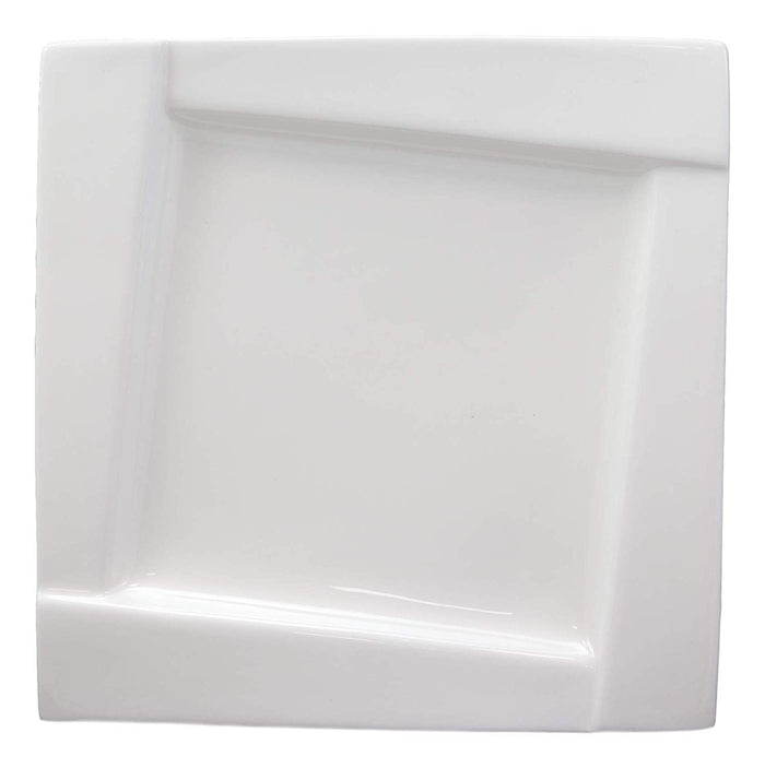 Ebros Pack Of 6 Kitchen Dining Modern Contemporary Design White Porcelain Square Plates With Rhombus Well (8" Lunch Dessert Plate Style)