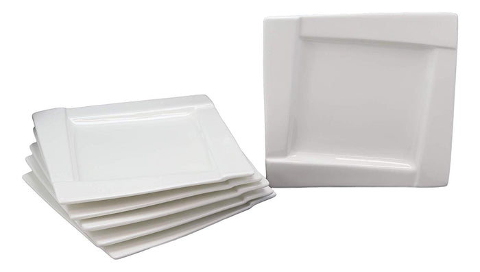 Ebros Pack Of 6 Kitchen Dining Modern Contemporary Design White Porcelain Square Plates Rhombus Well (7" Bread Appetizer Salad Dessert Side Plate Style)