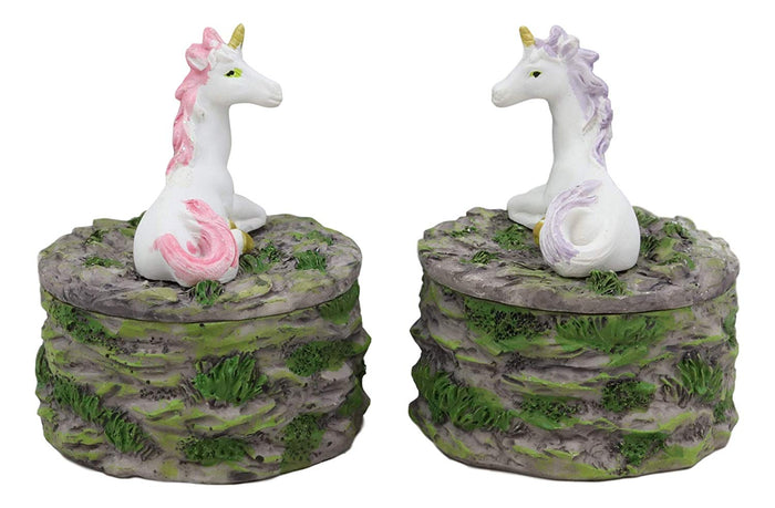 Ebros Pastel Blue And Pink Unicorns Sitting On Stone Garden Jewelry Box Figurines Set