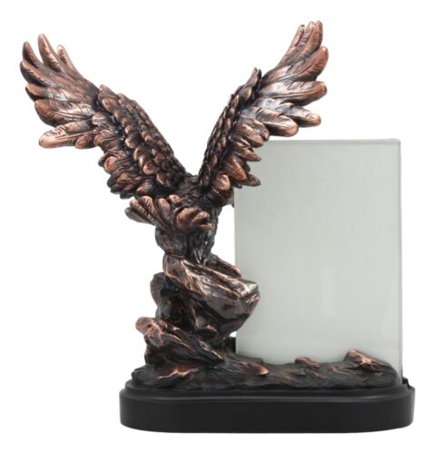 Ebros Patriotic American Bald Eagle With Outspread Wings Perching On Cliff Rock Picture Frame Bronze Electroplated Figurine With Base Resin Photo Frame Eagle Statue