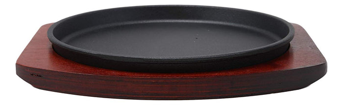 Ebros Personal Size Cast Iron Sizzling Fajita Pan Skillet Japanese Steak Plate With Wood Underliner Base Restaurant Home Kitchen Cooking Supply (Round 8.75"Diameter)