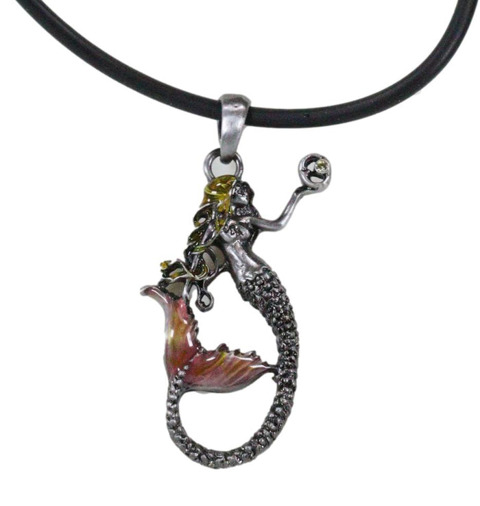 Ebros Pewter Mermaid Sirena Holding Moon Pendant With Enameled Highlights