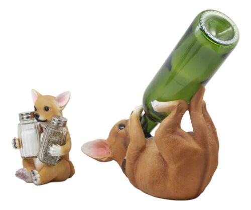 Ebros Picante Teacup Tan Chihuahua Puppy Wine Holder And Salt Pepper Shakers Holder Figurine Set