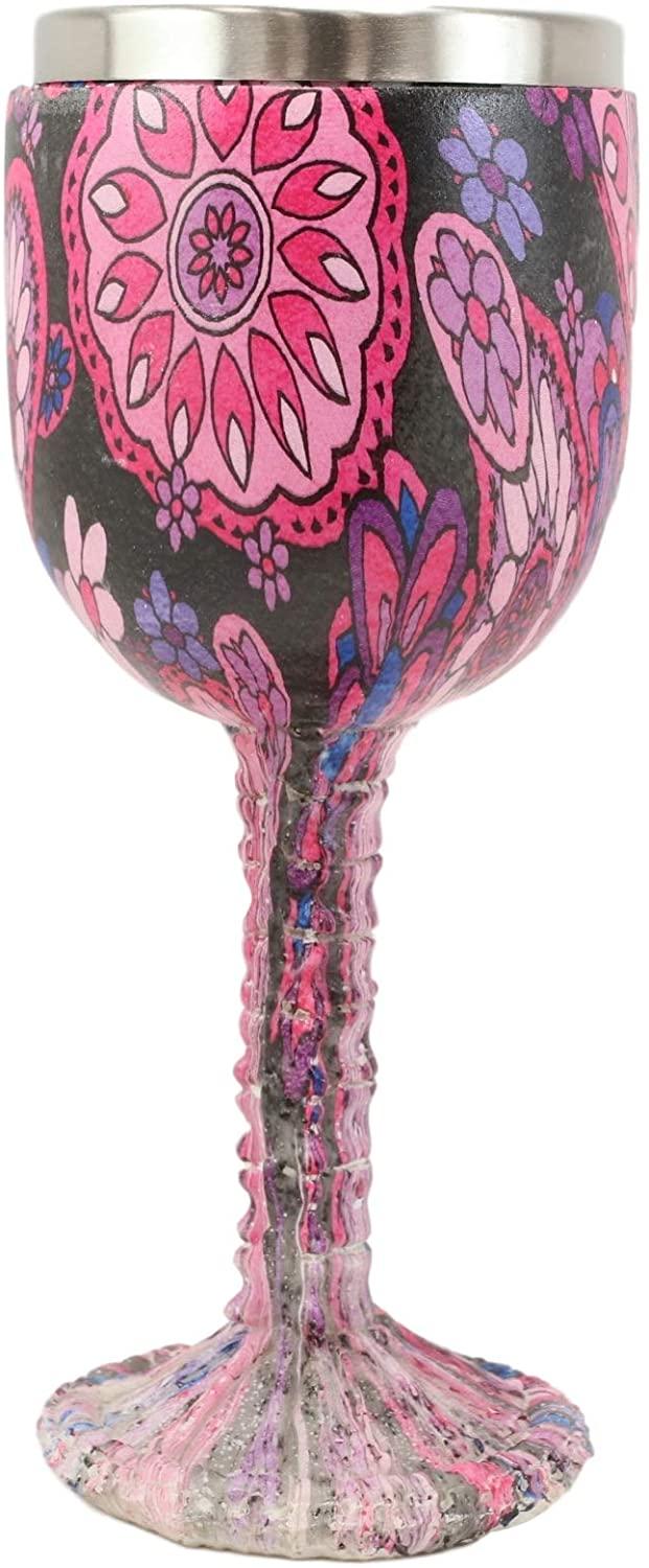 Ebros Pink Floral Sugar Skull Wine Goblet Chalice Beverage Drinkware 7.25"H