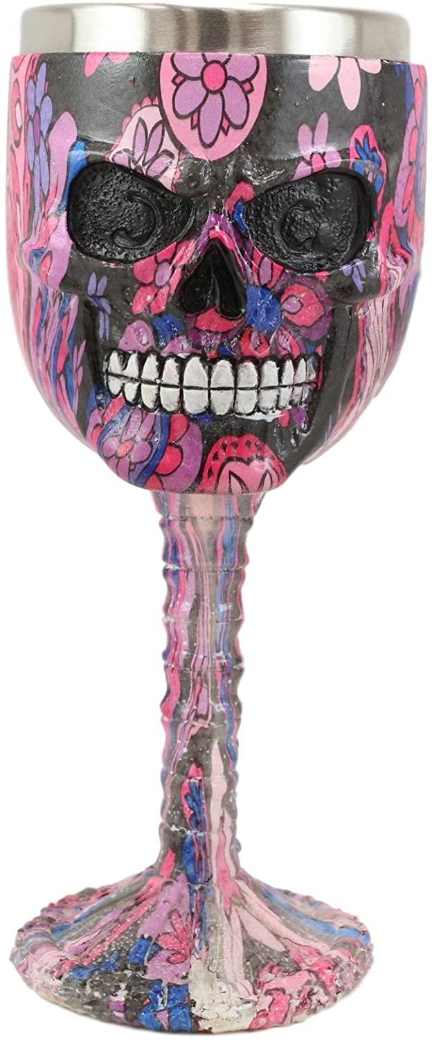 Ebros Pink Floral Sugar Skull Wine Goblet Chalice Beverage Drinkware 7.25"H