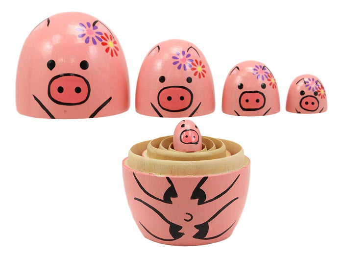 Ebros Pink Porky Babe Pig Wooden Toy Stacking Nesting Dolls 5 Pieces Matryoshka
