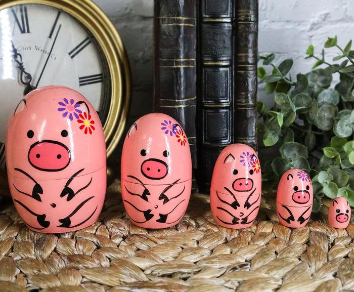 Ebros Pink Porky Babe Pig Wooden Toy Stacking Nesting Dolls 5 Pieces Matryoshka
