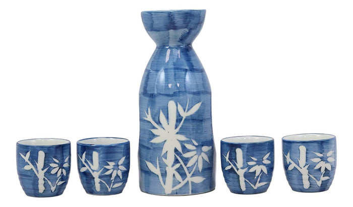 Ebros Porcelain Blue Jeans & White Bamboo Japanese Sake Rice Wine Flask And 4 Cups Set