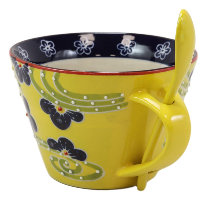 Ebros Porcelain Coffee Tea Latte Cafe Mug Drink Cup With Spoon 2pc Set 12oz Home Kitchen Decorative Ceramics (1 Yellow Floral Swirl)