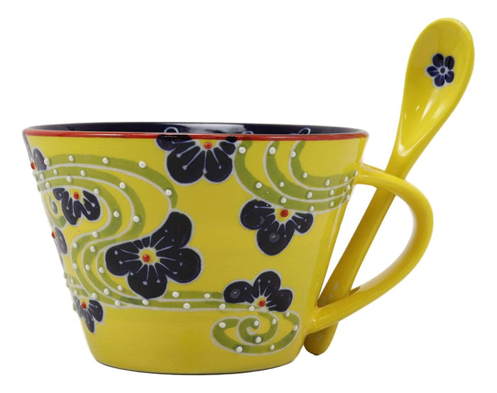 Ebros Porcelain Coffee Tea Latte Cafe Mug Drink Cup With Spoon 2pc Set 12oz Home Kitchen Decorative Ceramics (1 Yellow Floral Swirl)