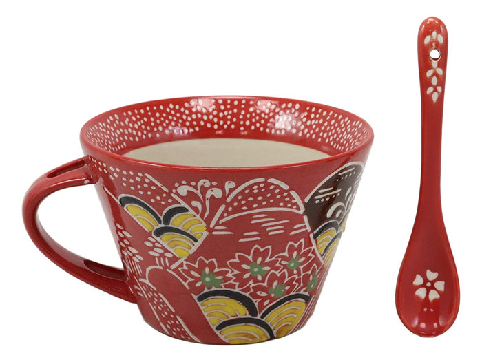 Ebros Porcelain Coffee Tea Latte Cafe Mug Drink Cup With Spoon 2pc Set 12oz Home Kitchen Decorative Ceramics (SINGLE Red Mountain Landscape)