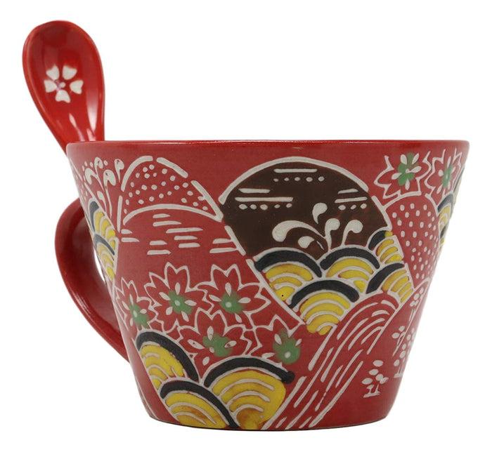 Ebros Porcelain Coffee Tea Latte Cafe Mug Drink Cup With Spoon 2pc Set 12oz Home Kitchen Decorative Ceramics (SINGLE Red Mountain Landscape)