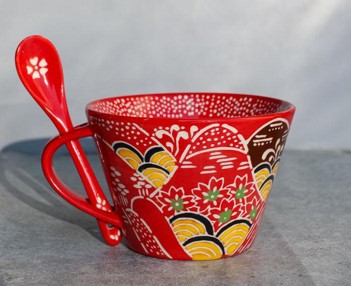 Ebros Porcelain Coffee Tea Latte Cafe Mug Drink Cup With Spoon 2pc Set 12oz Home Kitchen Decorative Ceramics (SINGLE Red Mountain Landscape)