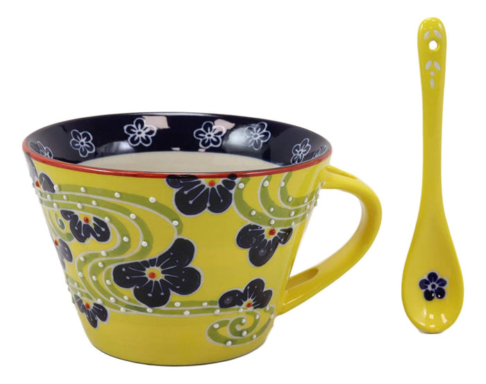 Ebros Porcelain Coffee Tea Latte Cafe Mug Drink Cup With Spoon 2pc Set 12oz Home Kitchen Decorative Ceramics (1 Yellow Floral Swirl)
