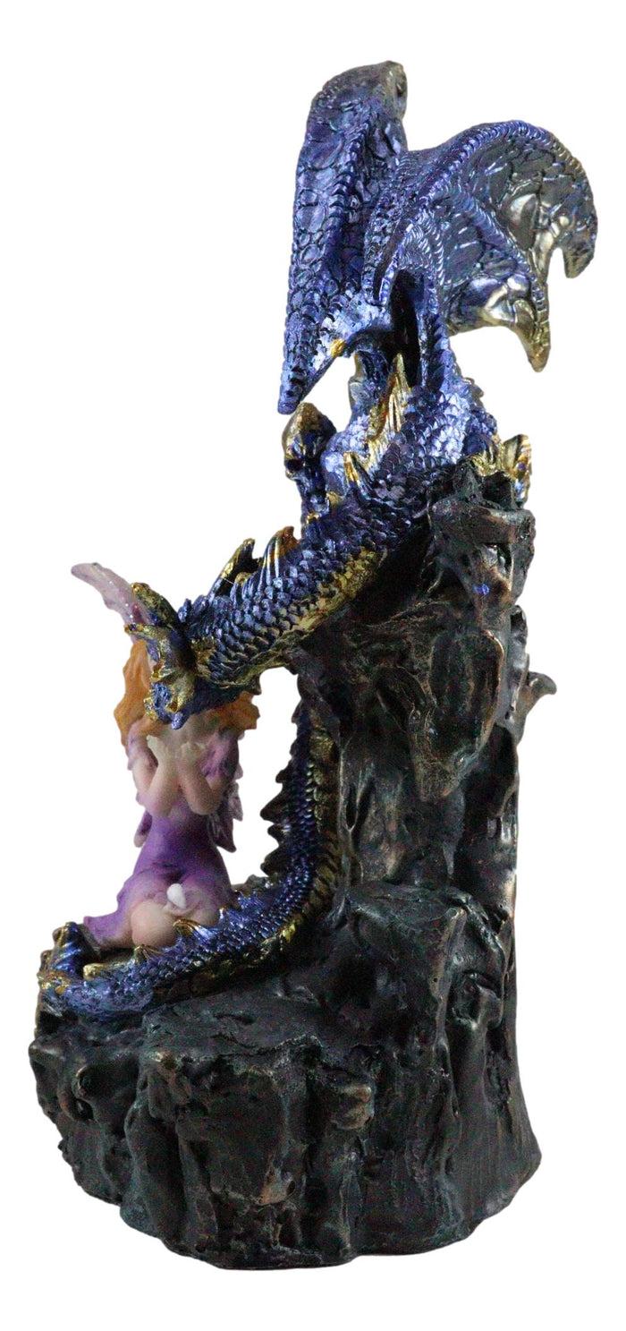 Ebros Purple Fairy Kneeling By Blue Zirconia Dragon On Rock LED Light Figurine