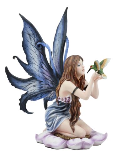 Ebros Purple Lavender Flower Fairy With Hummingbird Figurine 14.25" Tall Fairy Garden Decor Resin Statue