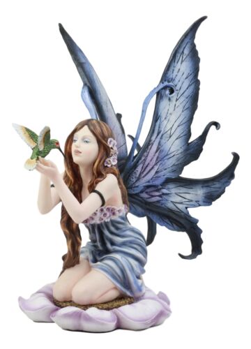 Ebros Purple Lavender Flower Fairy With Hummingbird Figurine 14.25" Tall Fairy Garden Decor Resin Statue