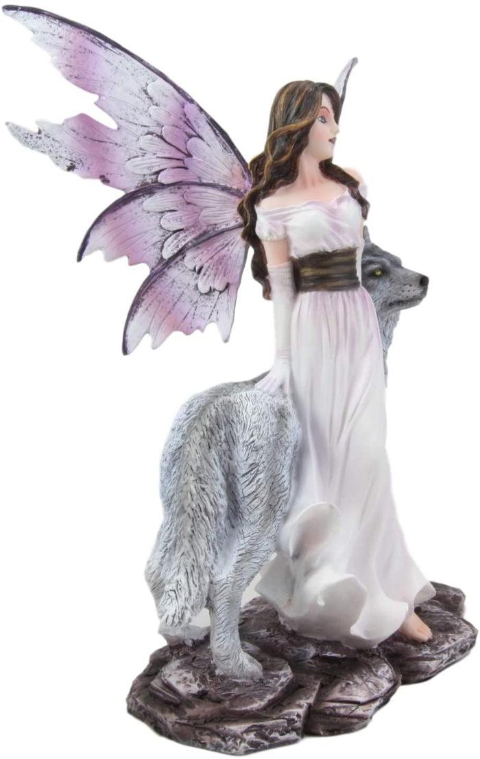 Ebros Purple Winged Fairy Diana With Alpha Snow Direwolf Wolf Statue 10" Tall
