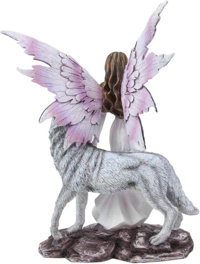 Ebros Purple Winged Fairy Diana With Alpha Snow Direwolf Wolf Statue 10" Tall