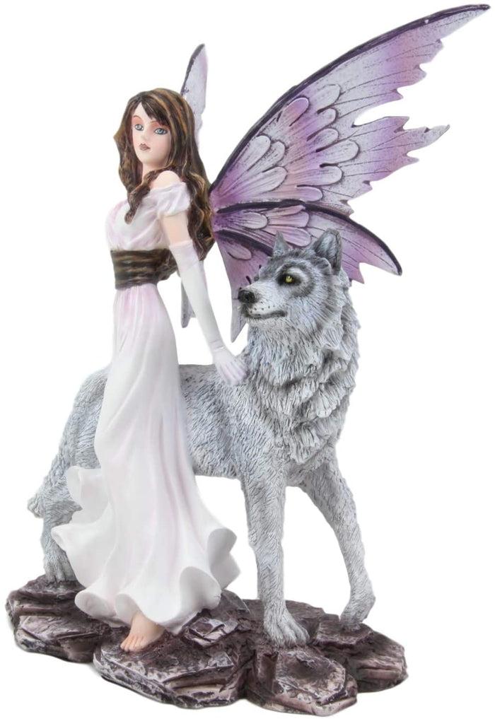 Ebros Purple Winged Fairy Diana With Alpha Snow Direwolf Wolf Statue 10" Tall