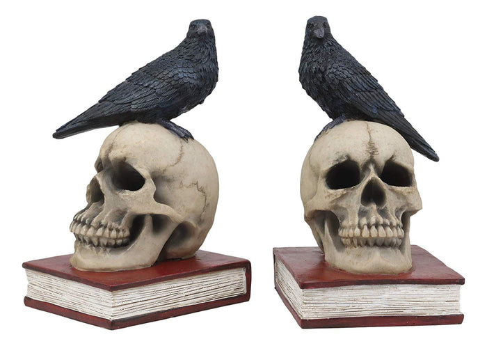 Ebros Raven Crow Perching On Skull With Ancient Book Bookends Set 7.5" Tall