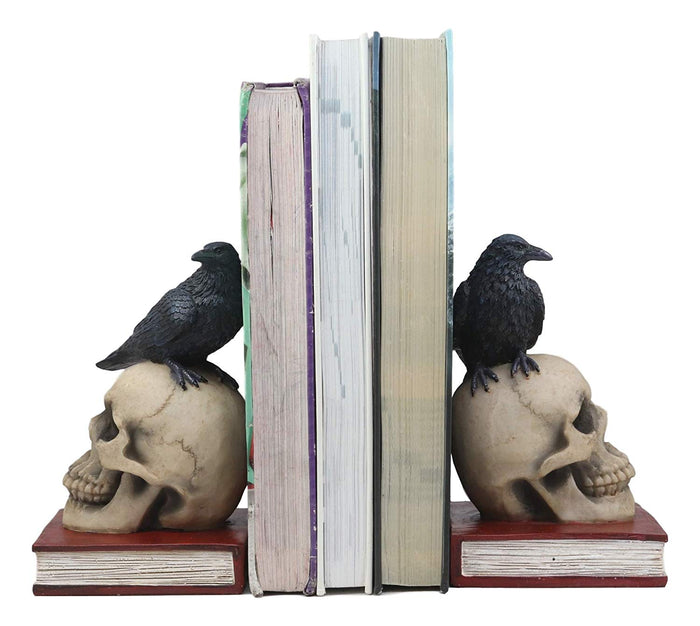 Ebros Raven Crow Perching On Skull With Ancient Book Bookends Set 7.5" Tall