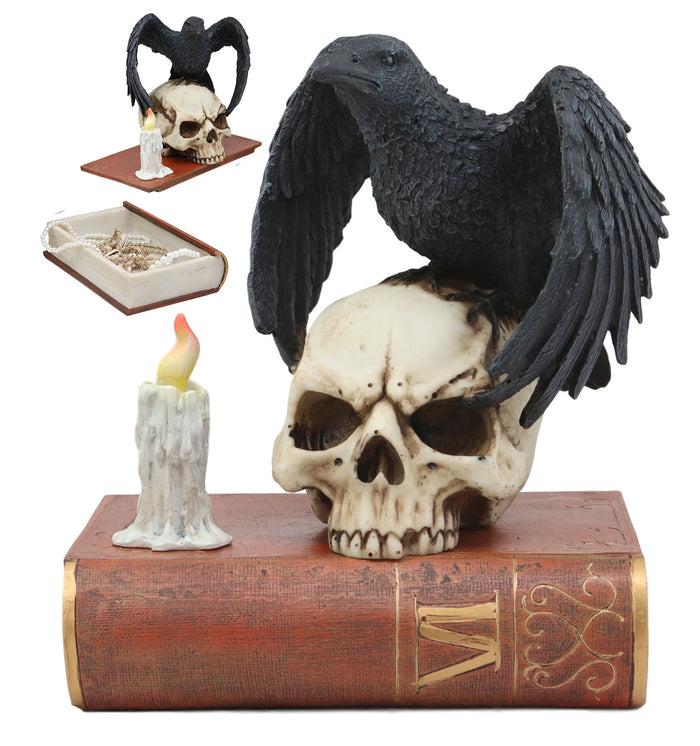 Ebros Raven Crow Perching On Skull With Ancient Book Jewelry Trinket Box 8.5"H