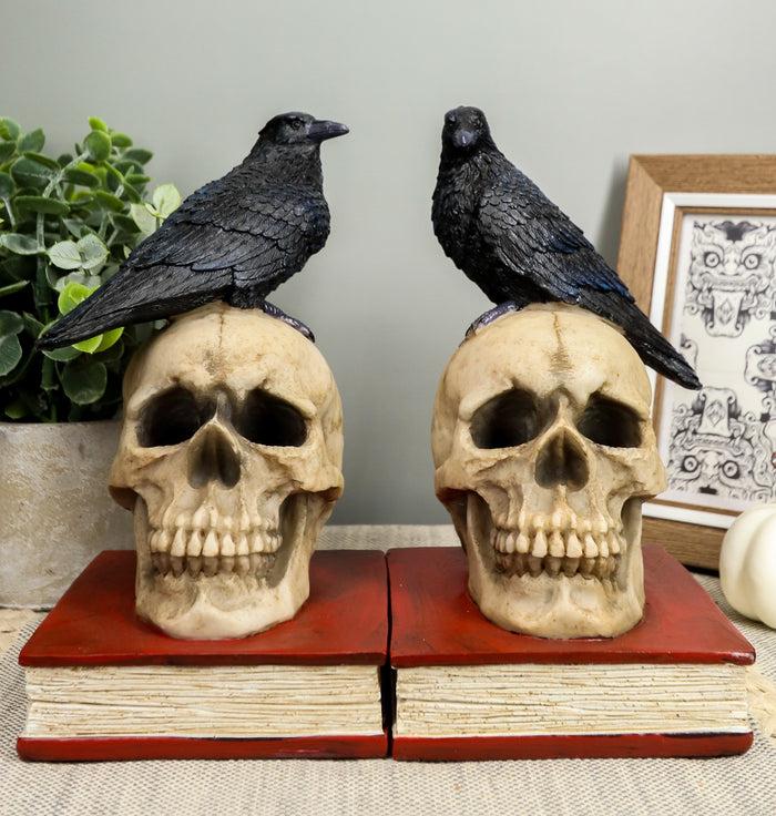 Ebros Raven Crow Perching On Skull With Ancient Book Bookends Set 7.5" Tall
