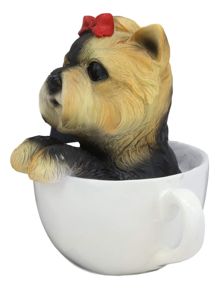 Ebros Realistic Adorable Yorkie Dog With Red Ribbon In Teacup Statue 6"H