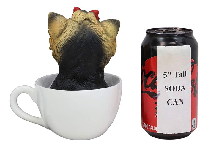 Ebros Realistic Adorable Yorkie Dog With Red Ribbon In Teacup Statue 6"H