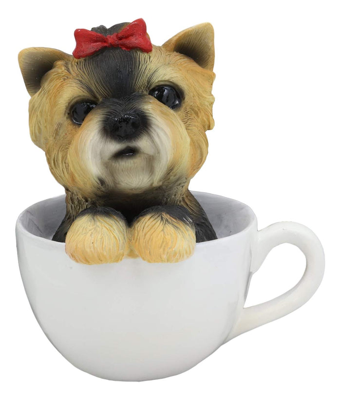 Ebros Realistic Adorable Yorkie Dog With Red Ribbon In Teacup Statue 6"H