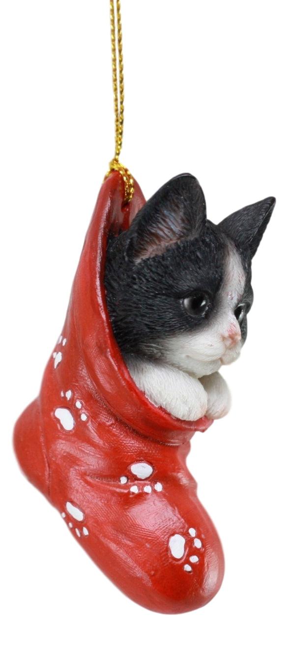 Ebros Realistic Black And White Tuxedo Cat Kitten In The Sock Small Hanging Ornament Figurine With Glass Eyes Adorable Holiday Festive Season Decor Sculpture For Christmas Trees Animal Pet Collectible