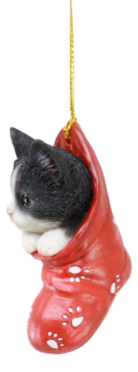 Ebros Realistic Black And White Tuxedo Cat Kitten In The Sock Small Hanging Ornament Figurine With Glass Eyes Adorable Holiday Festive Season Decor Sculpture For Christmas Trees Animal Pet Collectible
